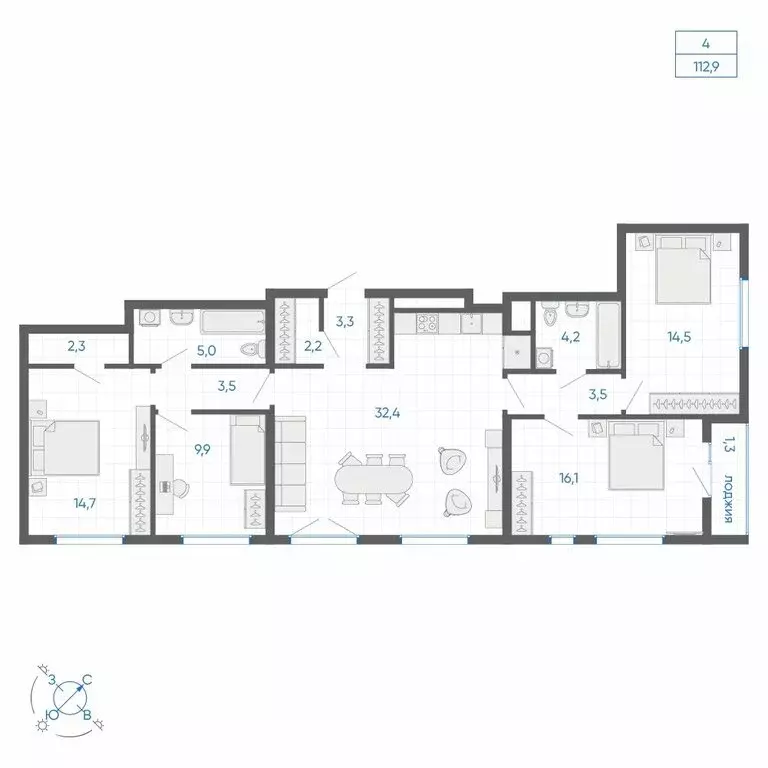 4-комнатная квартира: Екатеринбург, улица Вильгельма де Геннина, 59 ... - Фото 2