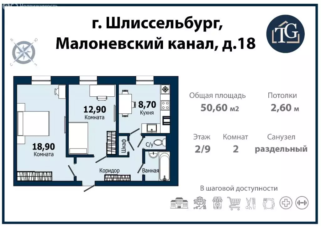 2-комнатная квартира: Шлиссельбург, улица Малоневский Канал, 18 (50.6 ... - Фото 1