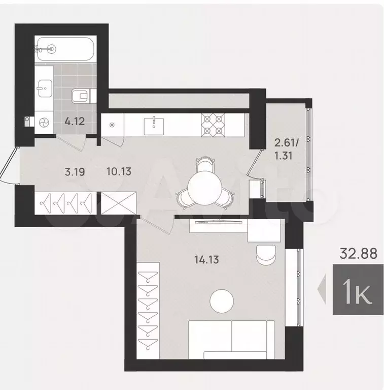 1-к. квартира, 32,9 м, 6/9 эт. - Фото 1