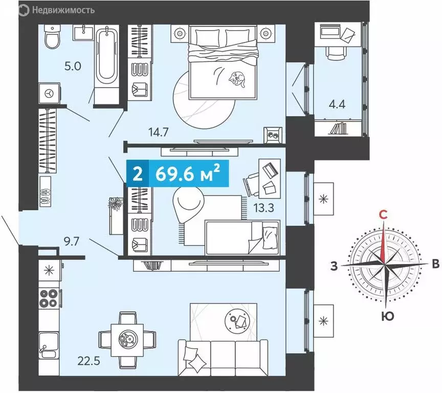 2-комнатная квартира: Засечное, микрорайон Город Спутник (69.6 м) - Фото 1