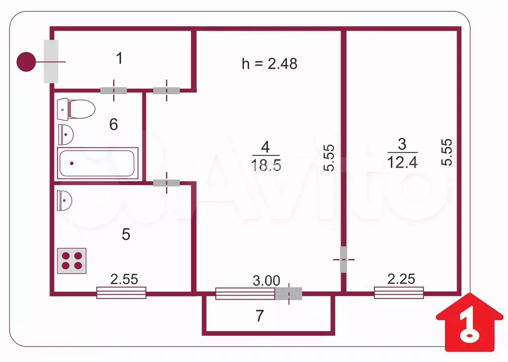 2-к. квартира, 45,8 м, 4/5 эт. - Фото 0