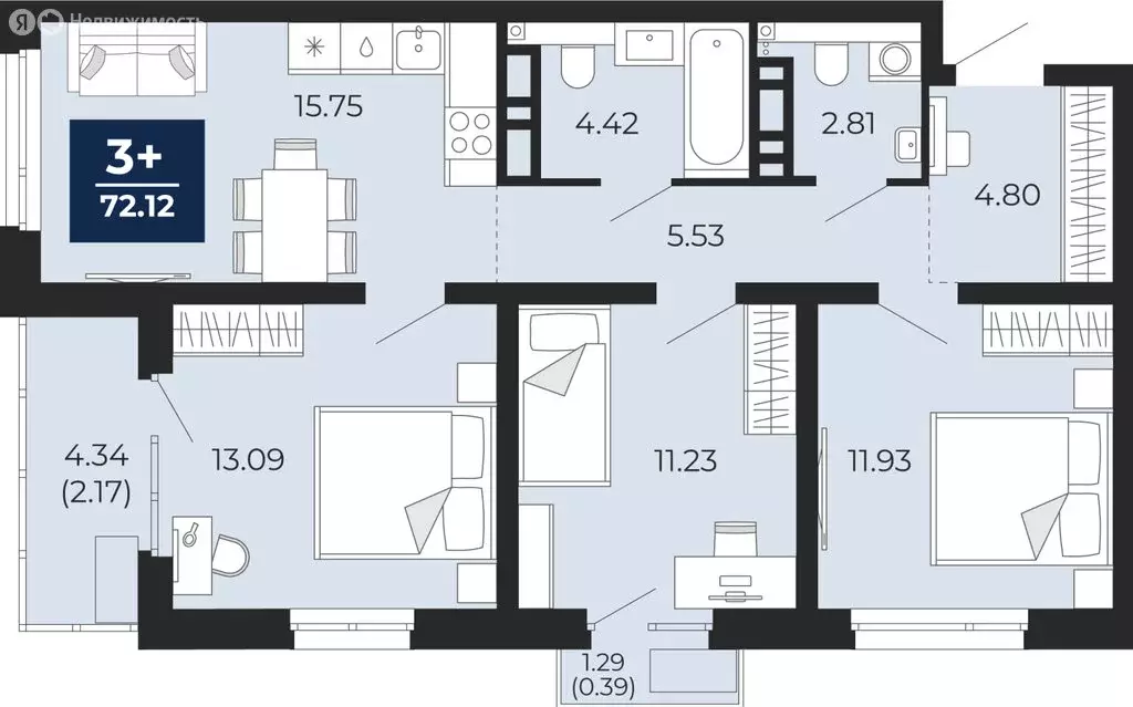 3-комнатная квартира: Тюмень, Арктическая улица, 12 (75.19 м) - Фото 1