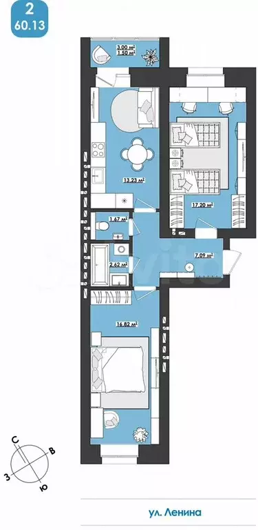 2-к. квартира, 60,1 м, 5/9 эт. - Фото 0