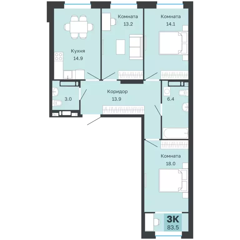 3-к квартира, 83.5 м - Фото 0