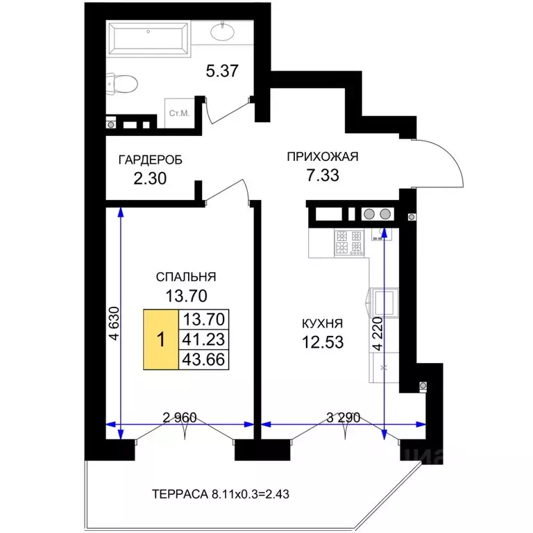 1-к кв. Калининградская область, Гурьевск Включи жилой комплекс (43.66 ... - Фото 1