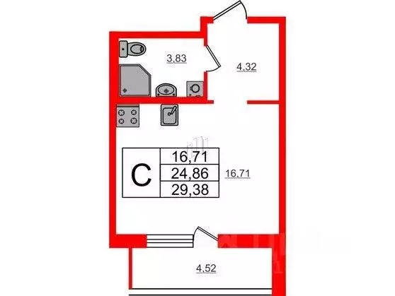 Квартира, студия, 29.38 м - Фото 0