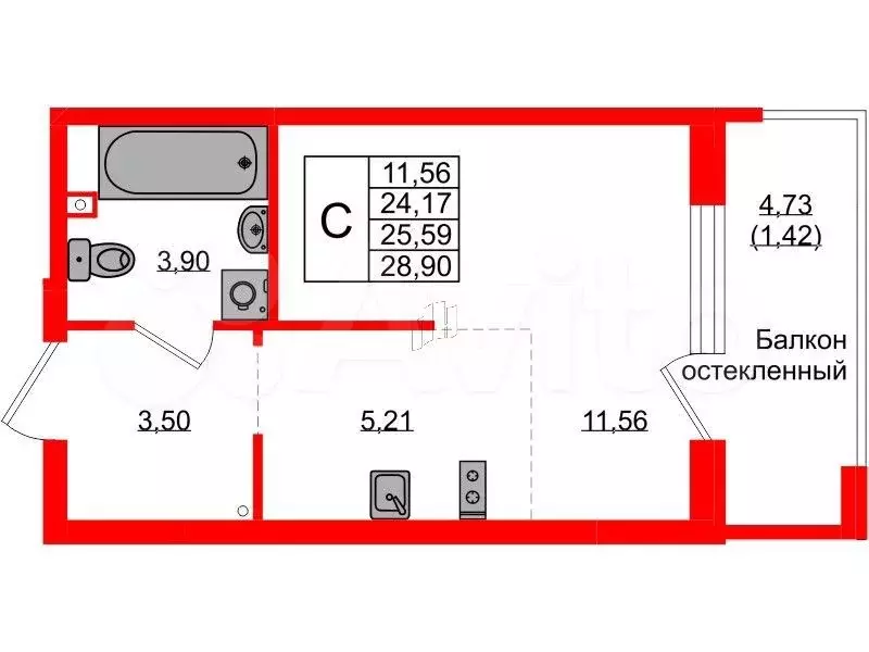 Квартира-студия, 25,6 м, 1/9 эт. - Фото 1