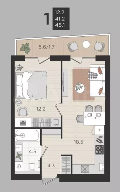 1-к. квартира, 41 м, 4/4 эт. - Фото 1