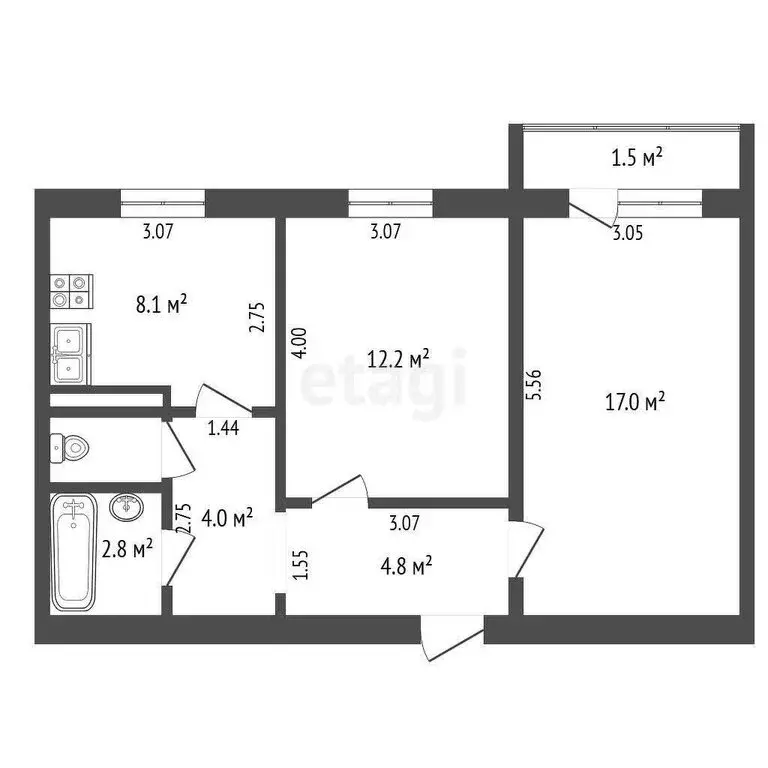 2-комнатная квартира: посёлок Большевик, Молодёжная улица, 9 (50.2 м) - Фото 1