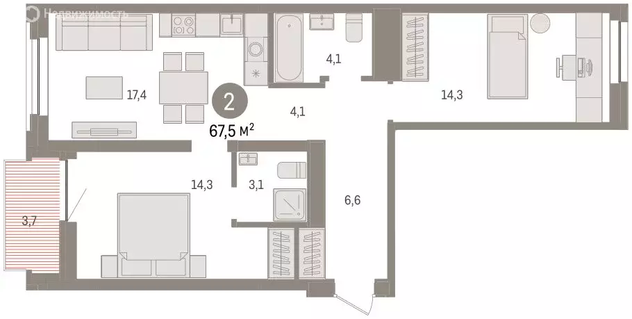 2-комнатная квартира: Тюмень, жилой комплекс Речной Порт (67.6 м) - Фото 2