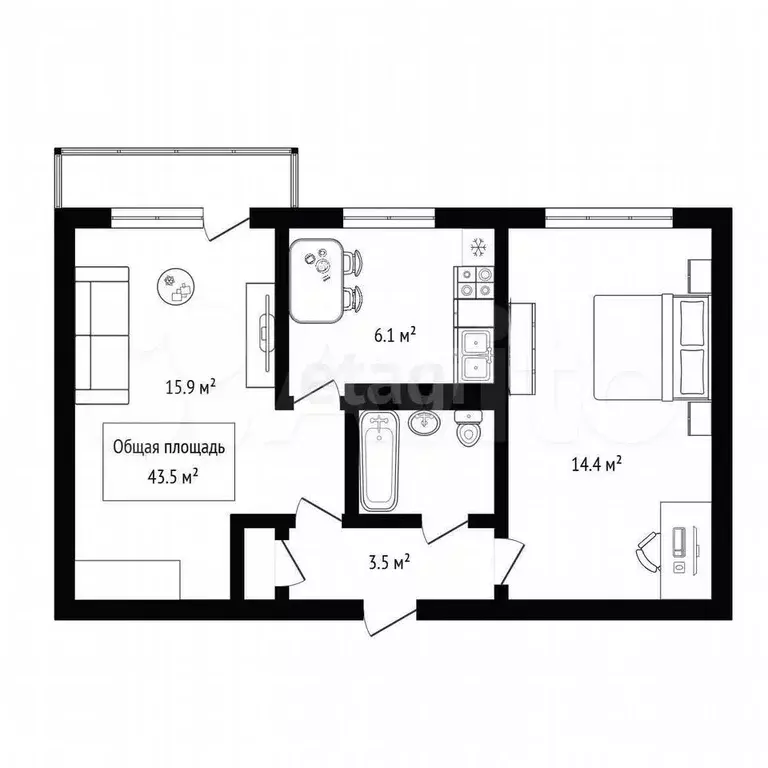 2-к. квартира, 43,5 м, 5/5 эт. - Фото 0
