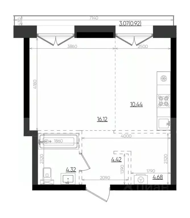 Студия Татарстан, Казань Яналиф жилой комплекс (40.9 м) - Фото 1