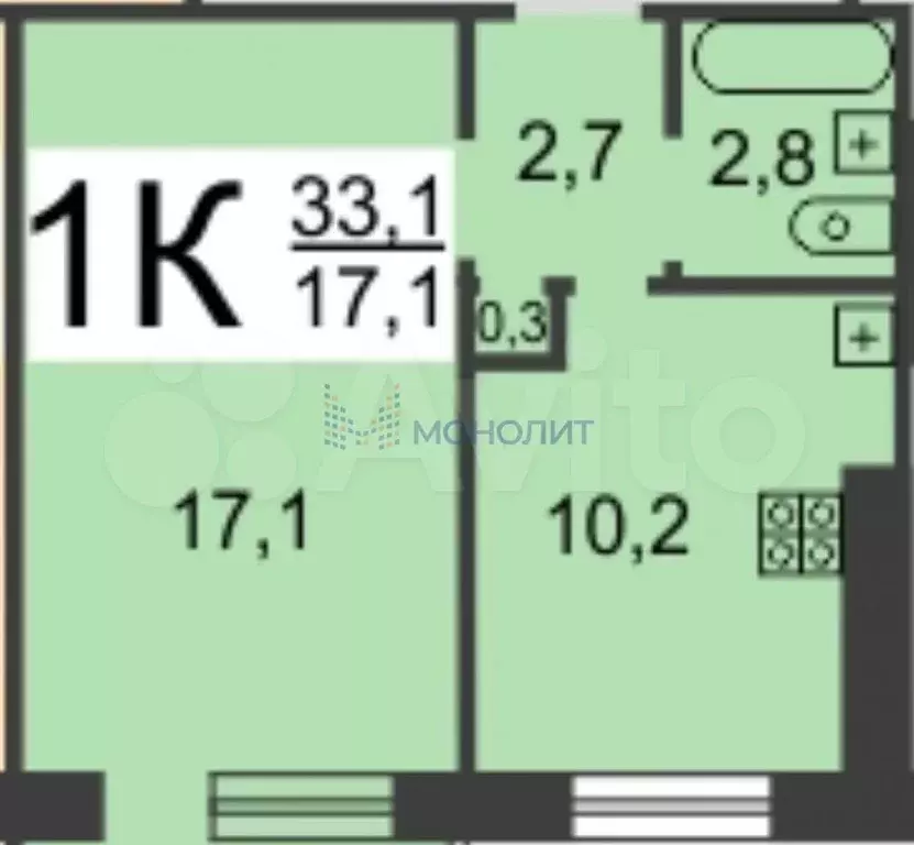 1-к. квартира, 33,1 м, 1/9 эт. - Фото 0