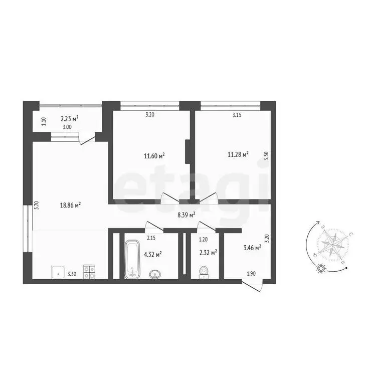 2-комнатная квартира: Тюмень, улица Василия Подшибякина, 9 (62.52 м) - Фото 1