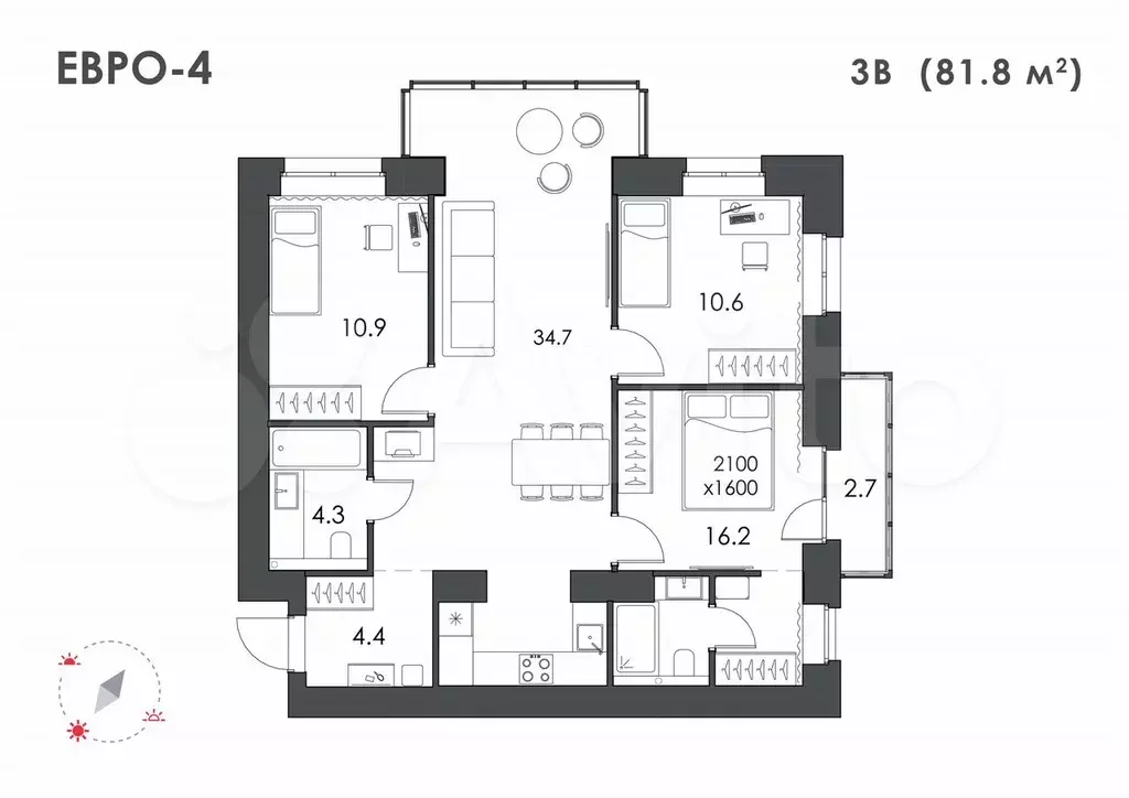 3-к. квартира, 81,8 м, 14/16 эт. - Фото 0