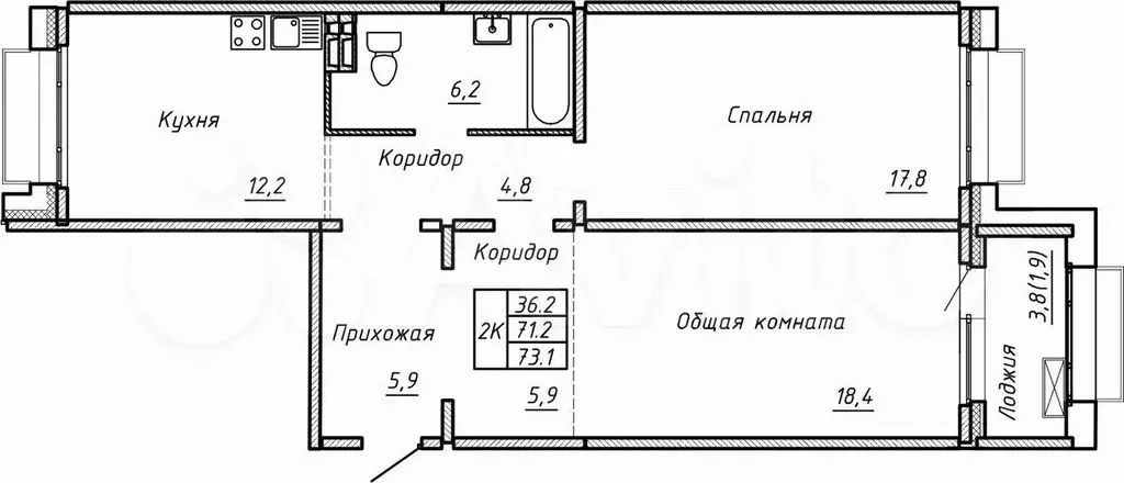 Своб. планировка, 73,1 м, 2/15 эт. - Фото 0