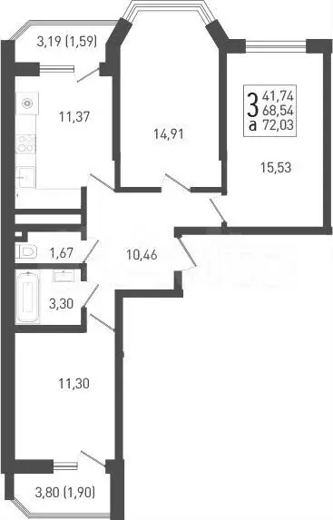 3-к. квартира, 68,5 м, 16/22 эт. - Фото 0