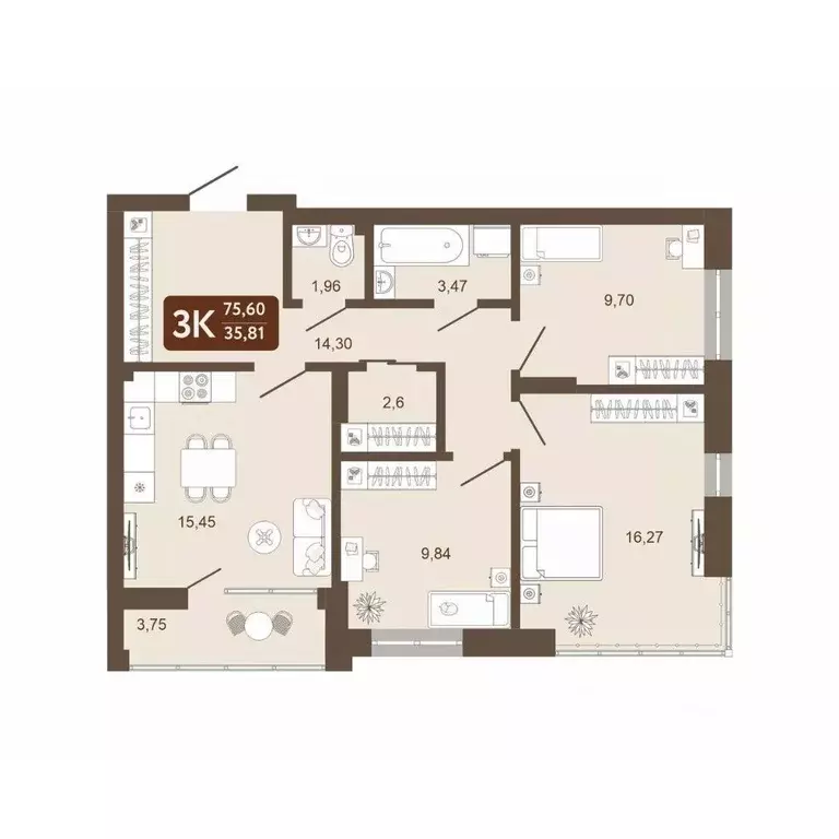 3-к кв. Кемеровская область, Кемерово 58В мкр, 1 (75.6 м) - Фото 0