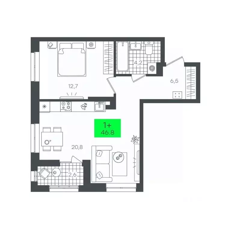 1-к кв. Тюменская область, Тюмень Комарово Парк жилрайон,  (46.8 м) - Фото 1