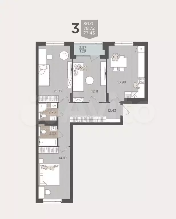 3-к. квартира, 78,7 м, 2/9 эт. - Фото 1