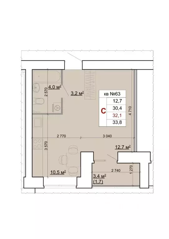 Студия Костромская область, Кострома Бульварная ул. (32.1 м) - Фото 1