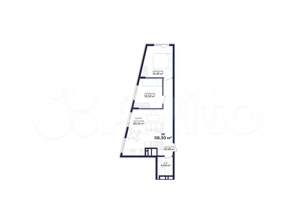 2-к. квартира, 58,3 м, 4/5 эт. - Фото 0