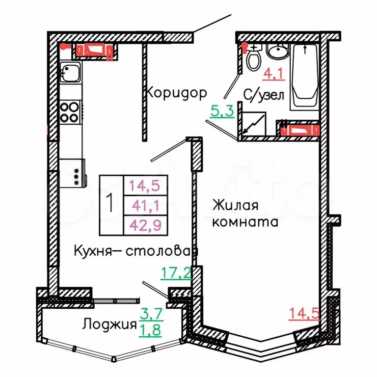 1-к. квартира, 42,9 м, 11/13 эт. - Фото 0