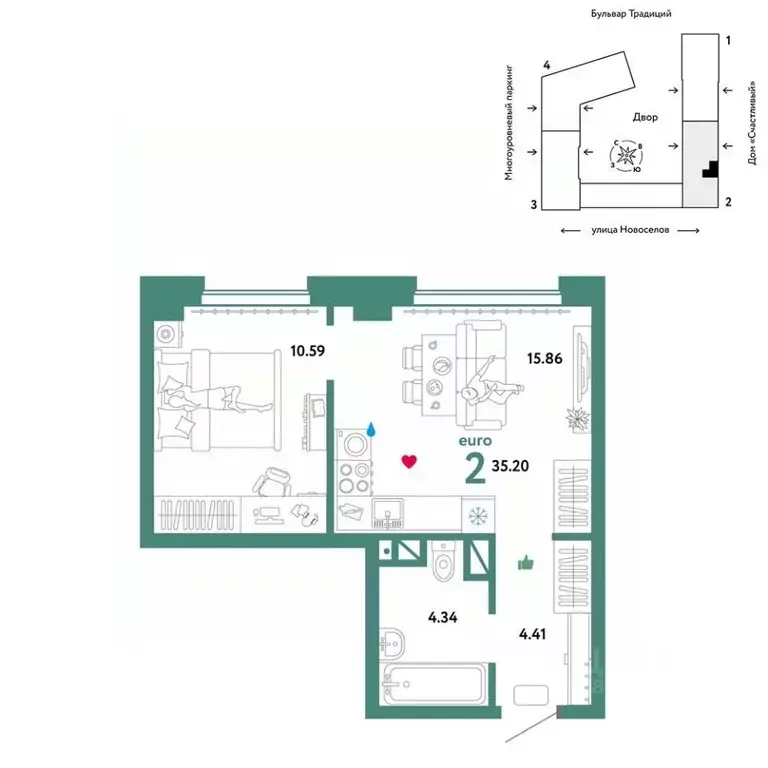 2-к кв. Тюменская область, Тюмень ул. Новоселов, 92 (35.2 м) - Фото 1