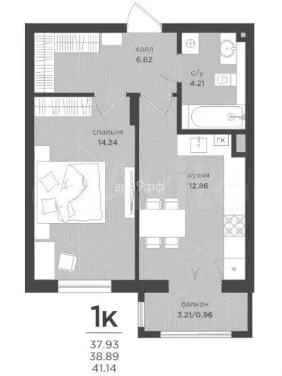 1-к. квартира, 38,9 м, 1/4 эт. - Фото 1