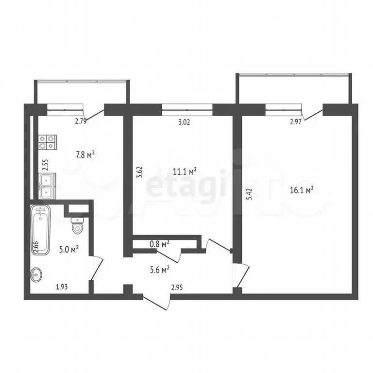 2-к. квартира, 46,4 м, 5/5 эт. - Фото 0