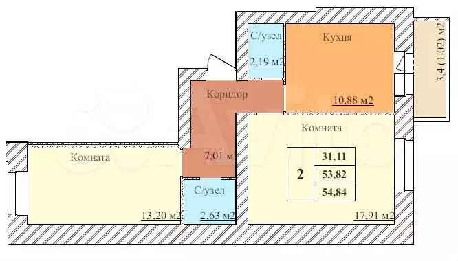 2-к. квартира, 54,8м, 1/5эт. - Фото 0