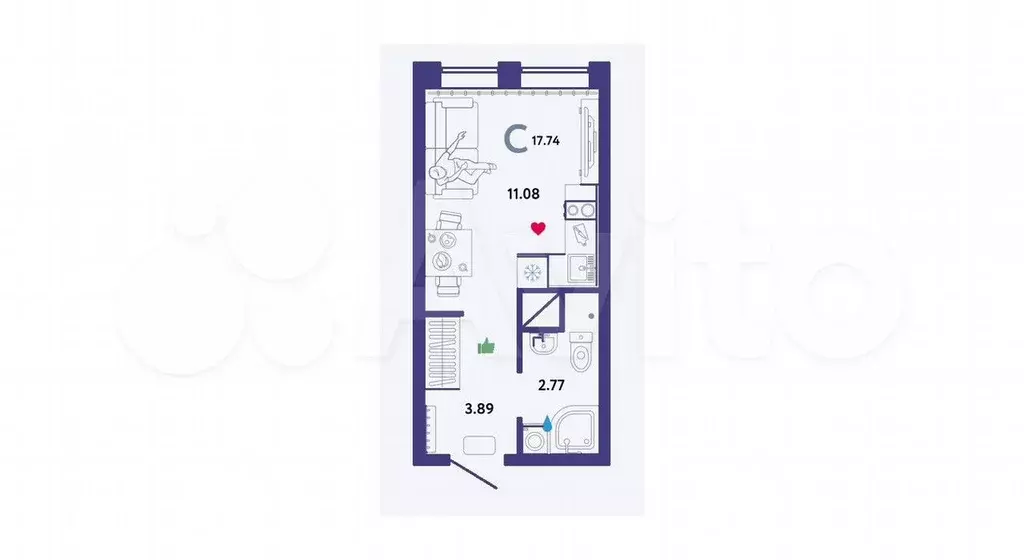 Квартира-студия, 17,7 м, 12/16 эт. - Фото 1