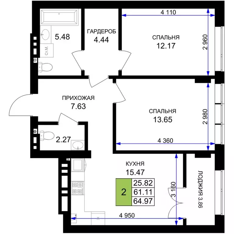 2-к кв. Калининградская область, Гурьевск Включи жилой комплекс (64.97 ... - Фото 0