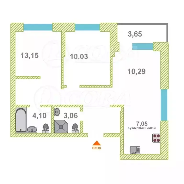 2-комнатная квартира: Тюмень, улица Новосёлов, 104 (58.5 м) - Фото 1