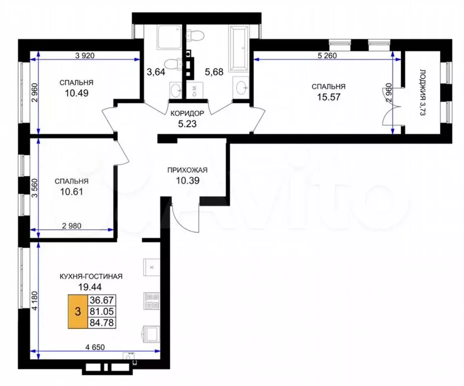 3-к. квартира, 85м, 3/7эт. - Фото 1