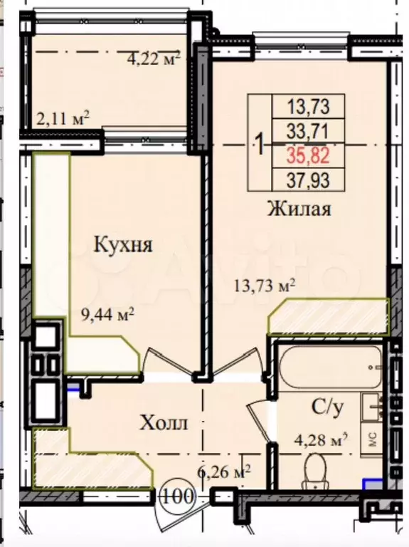 1-к. квартира, 36 м, 4/9 эт. - Фото 1