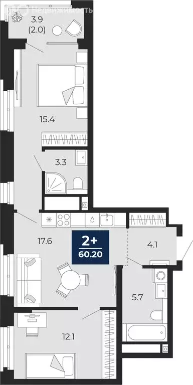 2-комнатная квартира: Тюмень, проезд Капитана Куликова, 5 (62.1 м) - Фото 1