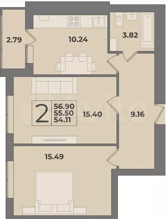2-к. квартира, 57 м, 9/9 эт. - Фото 1