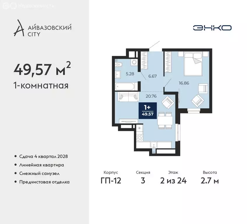 1-комнатная квартира: Тюмень, ЖК Айвазовский Сити (49.57 м) - Фото 1