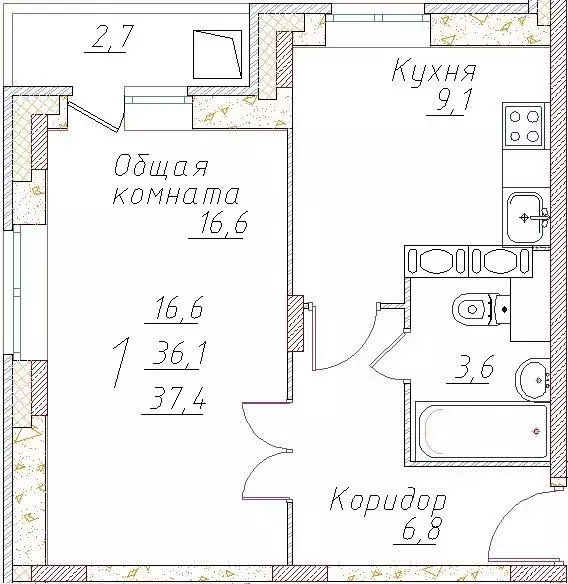 Квартира, 1 комната, 37.4 м - Фото 1