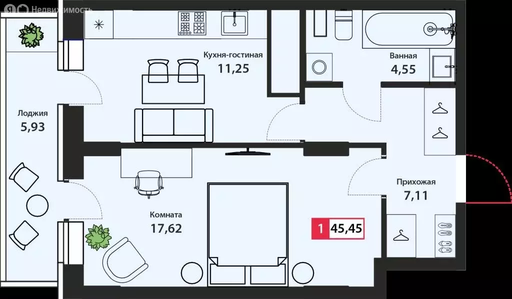 1-комнатная квартира: Тверь, Оснабрюкская улица, 22к1 (45.45 м) - Фото 1