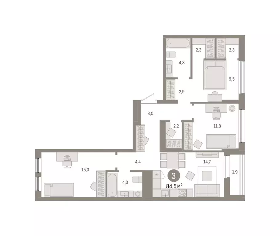 3-комнатная квартира: Тюмень, улица Республики, 205к1 (84.46 м) - Фото 1