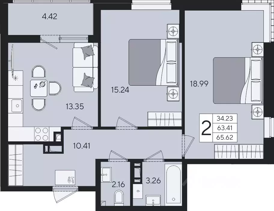 2-к кв. Краснодарский край, Краснодар  (65.62 м) - Фото 2