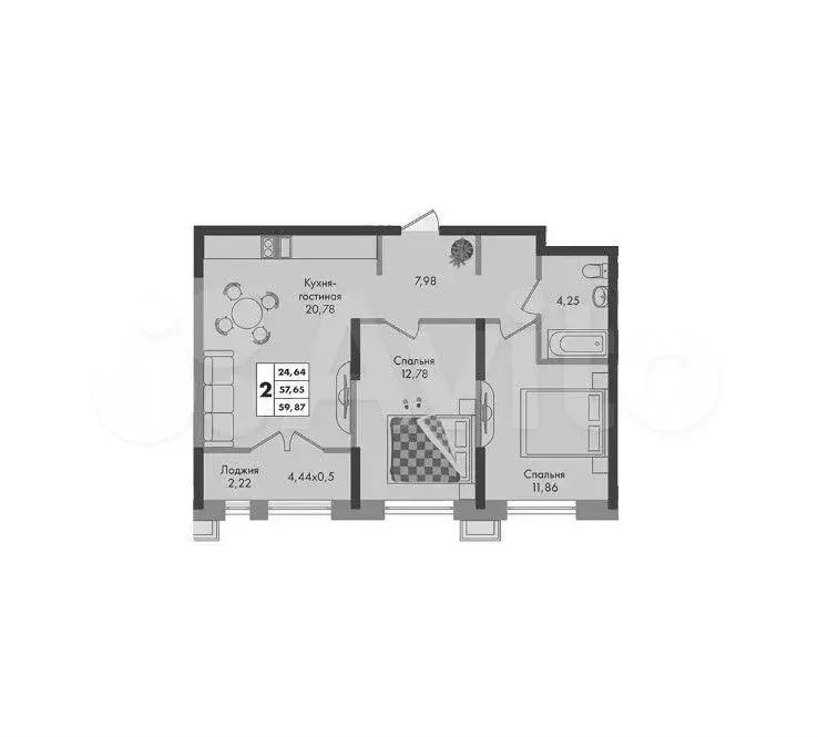 2-к. квартира, 59,9 м, 8/9 эт. - Фото 1
