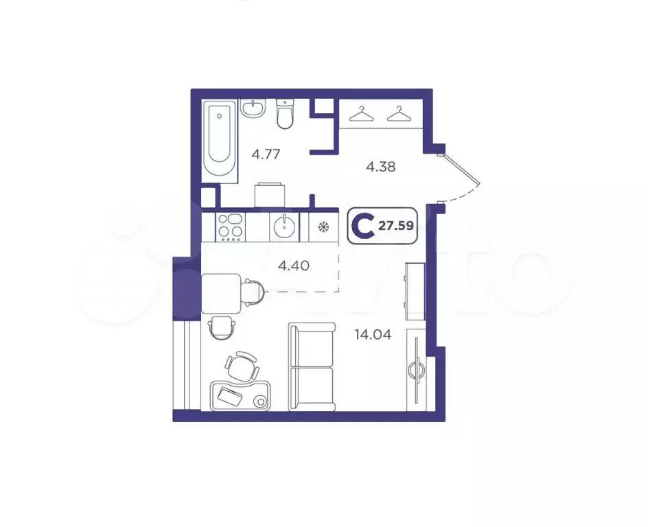 Квартира-студия, 27,6 м, 1/10 эт. - Фото 0