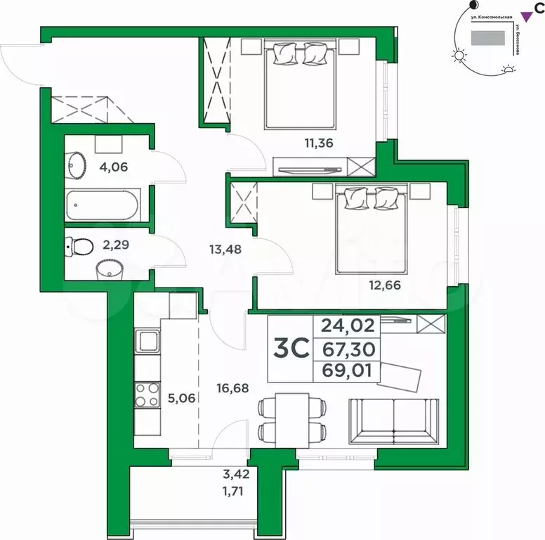 2-к. квартира, 67,5 м, 14/24 эт. - Фото 1