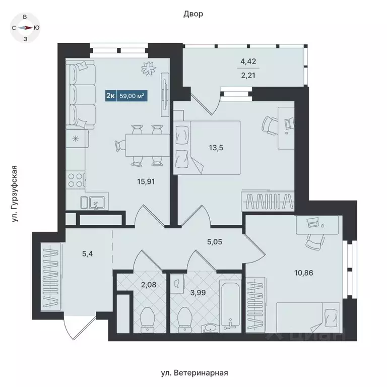 2-к кв. Свердловская область, Екатеринбург ул. Ветеринарная (59.0 м) - Фото 0