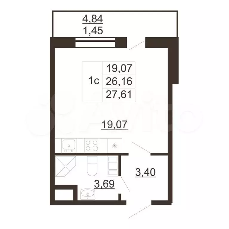 Квартира-студия, 27,6м, 3/6эт. - Фото 0