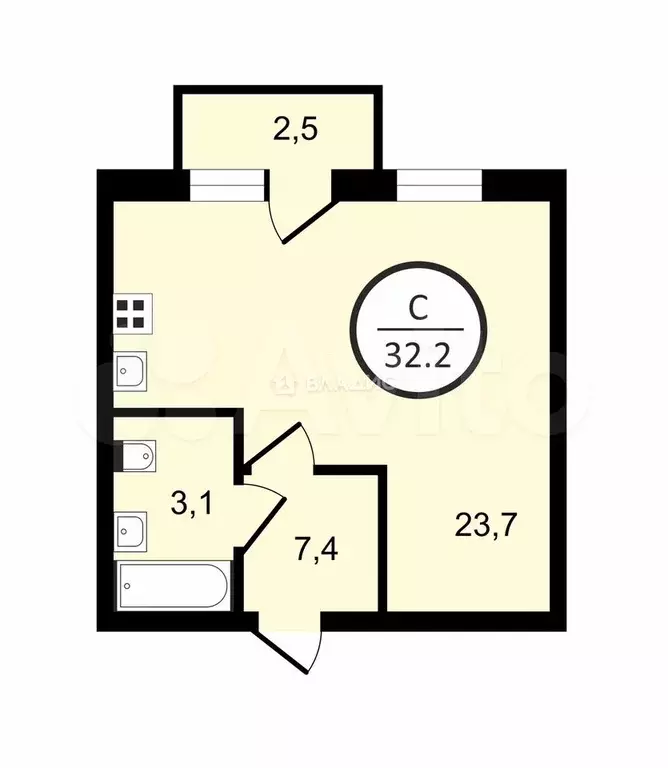 Квартира-студия, 32,3 м, 3/3 эт. - Фото 0