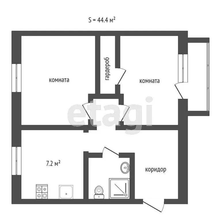 Квартира, 2 комнаты, 44.4 м - Фото 0